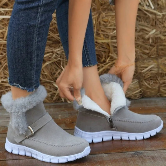 Snow Boots Winter Warm Thickened Solid Color Plush Ankle Boots With Buckle Design