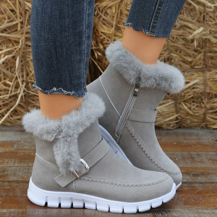 Snow Boots Winter Warm Thickened Solid Color Plush Ankle Boots With Buckle Design